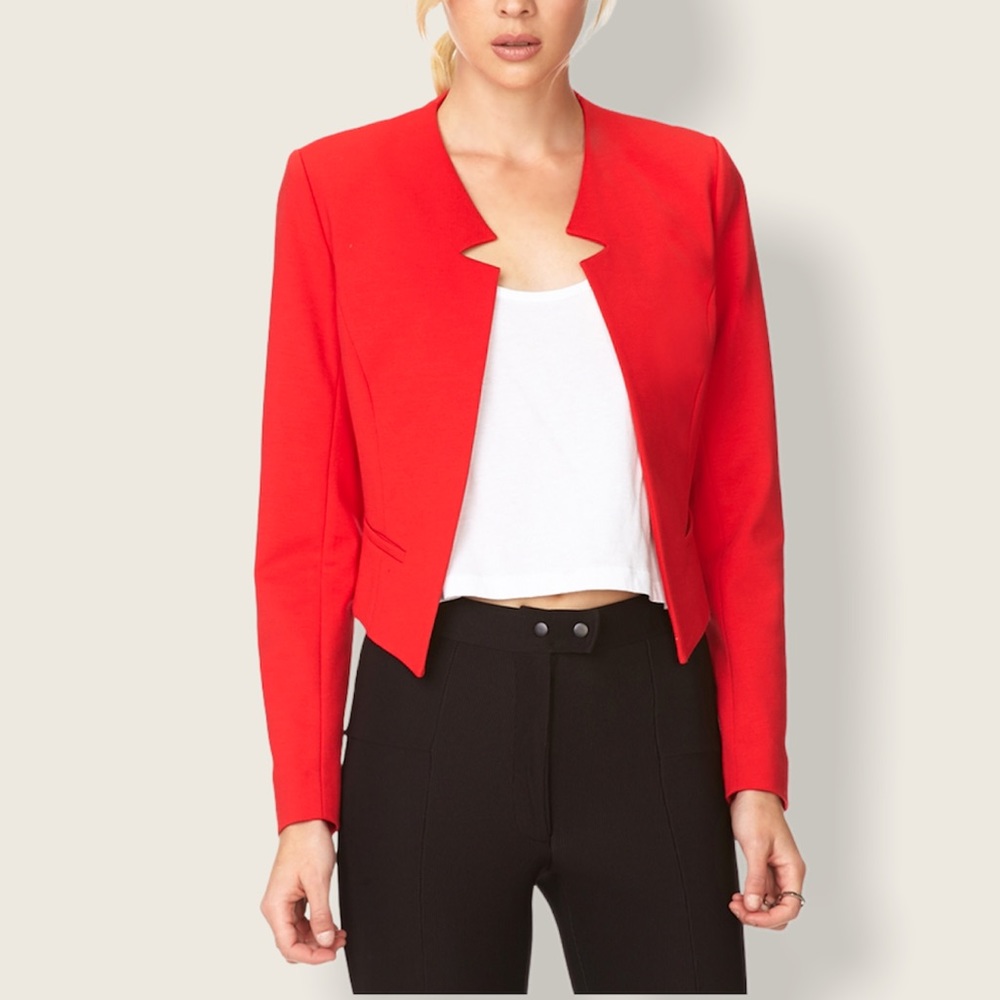 F21 Collarless Red Open Front Blazer Jacket Small